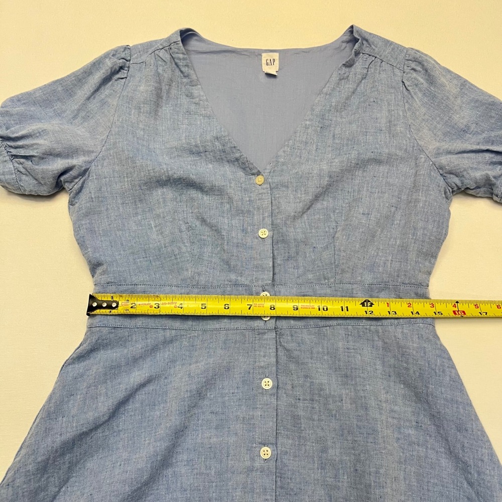 Gap Blue Linen Blend Button Front Puff Sleeve Tie Cuff Fit Flare Dress Size 8 - Picture 6 of 9